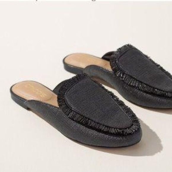 Chico's Shoes - Chicos Raffia Fringe Mules Black Flat Slip On Shoes 8.5 Casual Textured Vacation